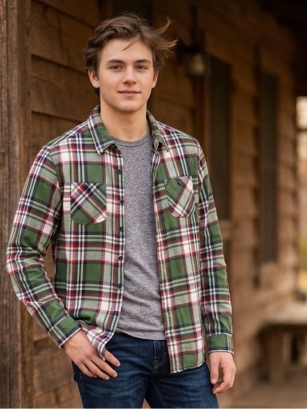 Cherokee kids Green Red White Plaid Button-Down Shirt size XL/TG